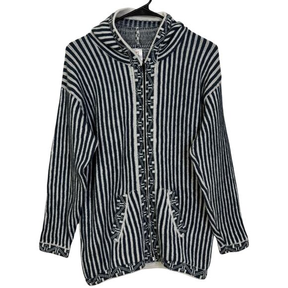 Chasqui Alpaca Sweater Womens Medium Blue Hoodie Knit Striped Full Zip Bolivia - Picture 1 of 9